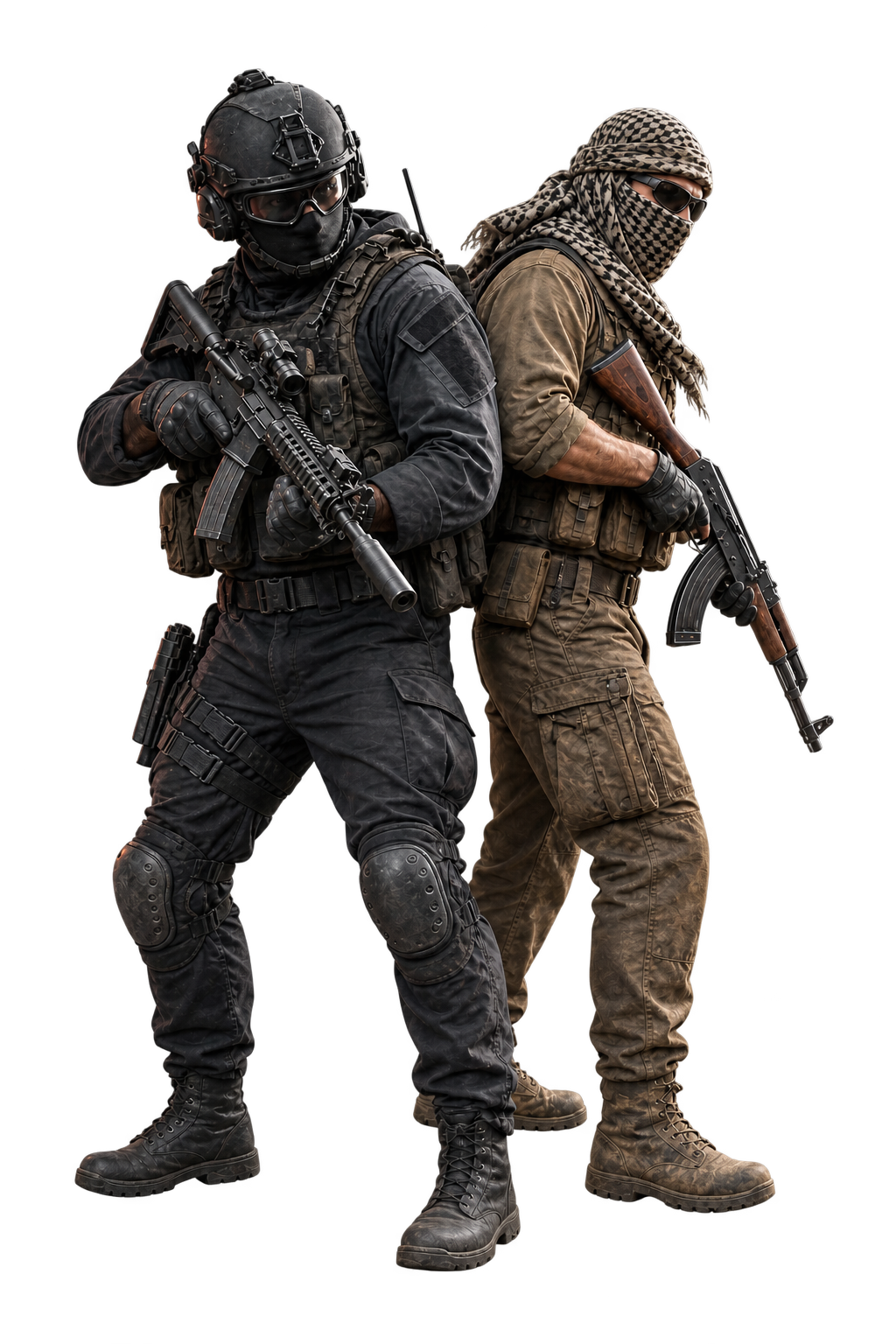 Two opposing tactical operatives standing back to back